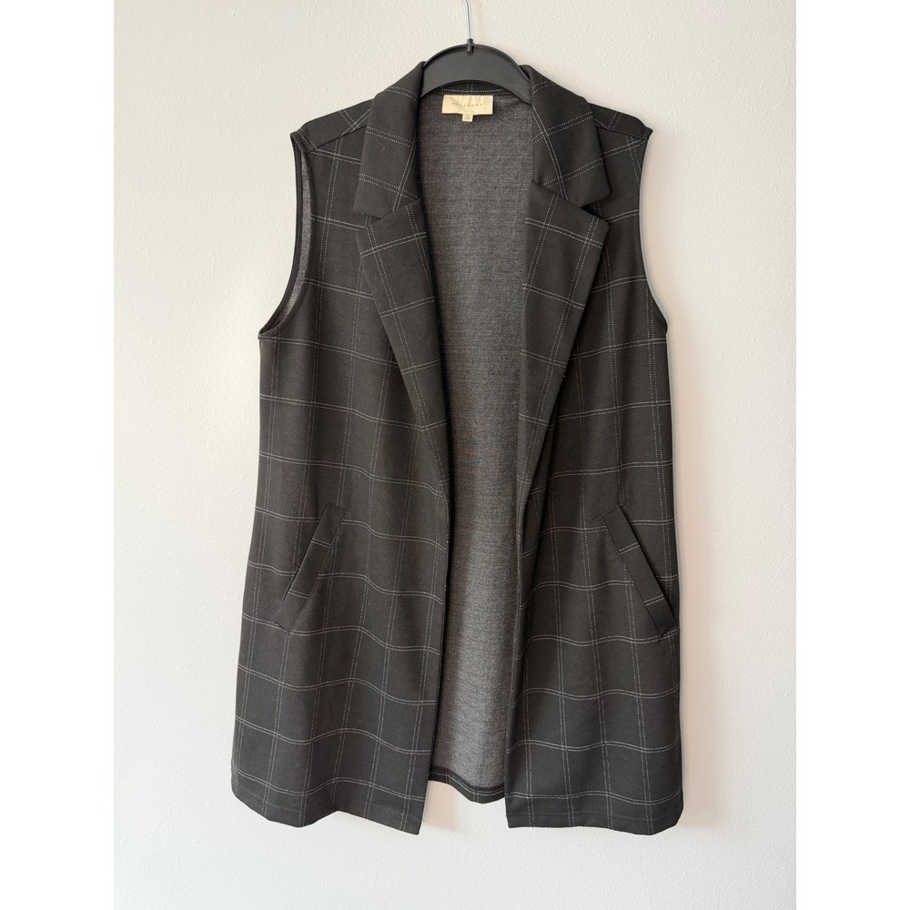 Melloday Black White Windowpane Plaid Longline Open Front Blazer Vest Womens M